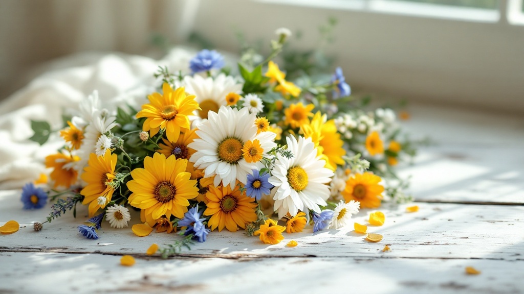 Locker gebundener Wiesenblumenstrauß mit Kornblumen, Margeriten und Schafgarbe auf weißem Holztisch im Tageslicht