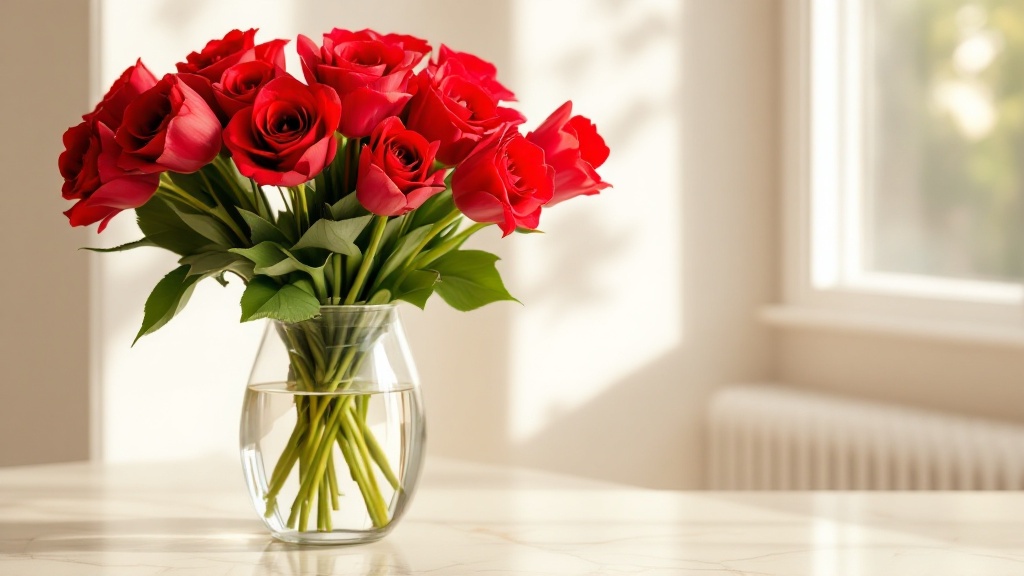 Roter Blumenstrauss mit roten Rosen und Tulpen in Glasvase auf hellem Marmor – richtig pflegen für längere Haltbarkeit