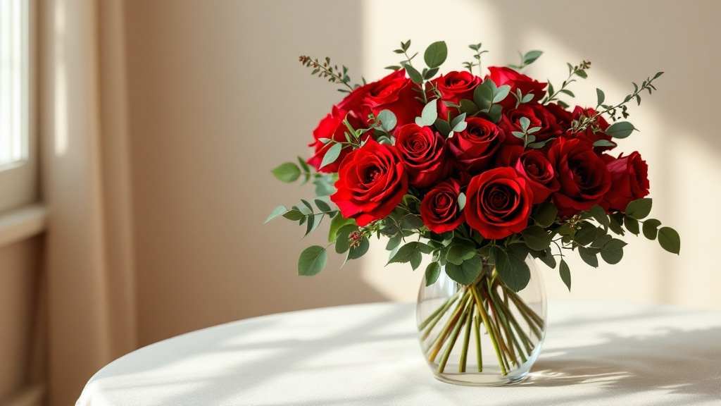 Roter Blumenstrauss mit Rosen und Ranunkeln in Glasvase auf cremefarbenem Leinentuch im Tageslicht