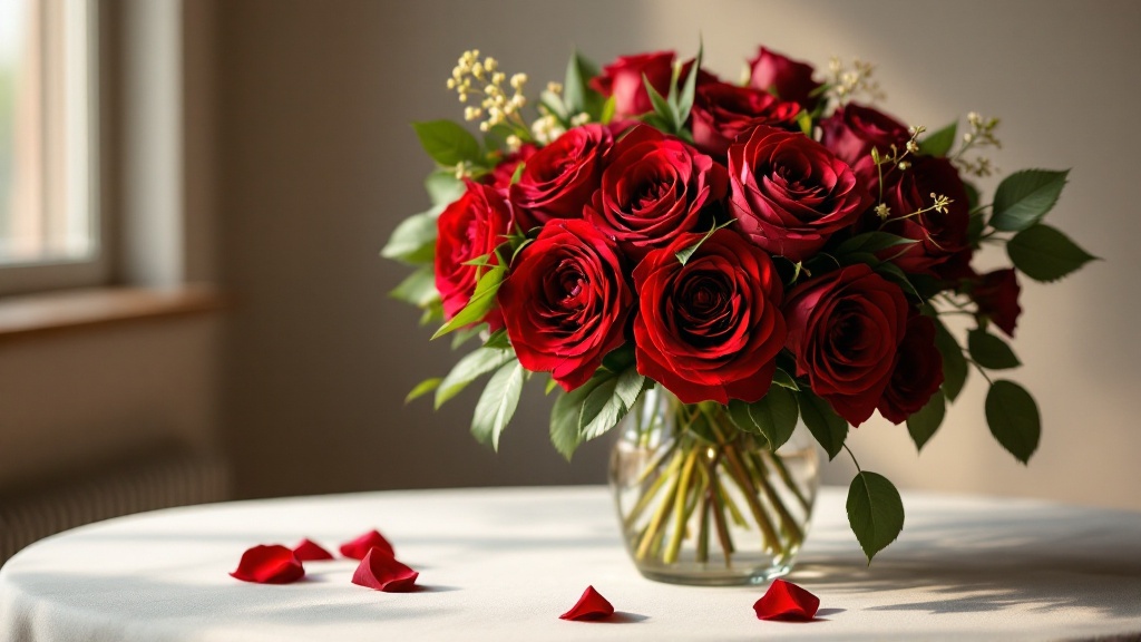 Roter Blumenstrauss mit roten Rosen und Ranunkeln in Glasvase auf cremefarbenem Leinentuch im Naturlicht