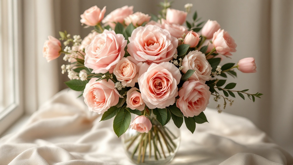Rosa Blumenstrauß mit Gartenrosen, Pfingstrosen und Tulpen in Glasvase – perfekt für jeden Anlass