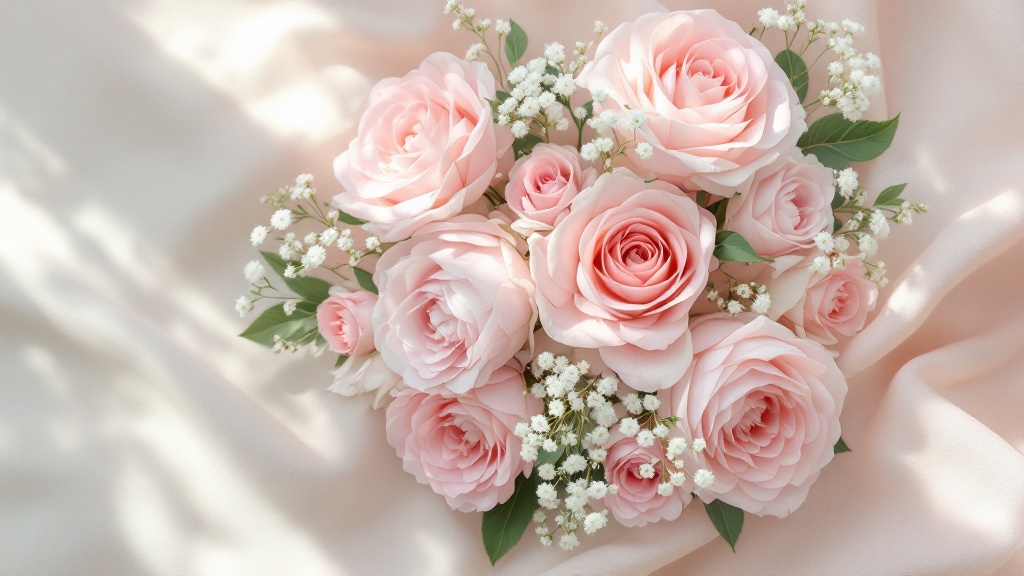 Rosa Blumenstrauss mit Rosen, Pfingstrosen und Schleierkraut auf cremefarbenem Leinenstoff – Draufsicht