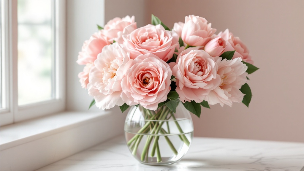 Rosa Blumenstrauss mit Rosen, Pfingstrosen und Tulpen in Glasvase auf Marmor — rosa Blumenstrauss pflegen leicht gemacht