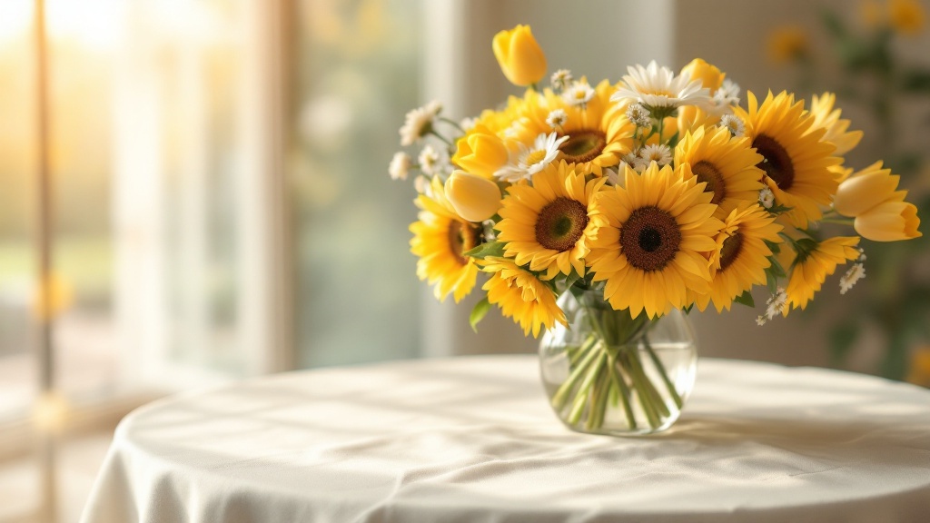Günstige Blumen wie Sonnenblumen, Gänseblümchen und gelbe Tulpen in Glasvase – farbenfroh und voller Symbolik