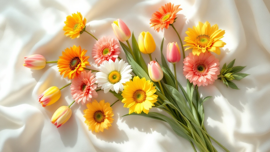 Bunter Strauß mit Tulpen, Gerberas und Sonnenblumen auf cremefarbenem Untergrund – günstige Blumen für jeden Anlass