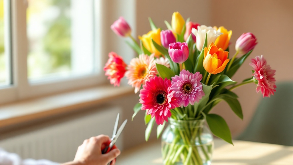 Bunte Tulpen und Gerberas in Glasvase – günstige Blumen pflegen für längere Haltbarkeit