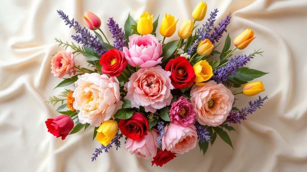 Bunter Blumenstrauss mit roten Rosen, gelben Tulpen und rosa Pfingstrosen als Flat-lay auf cremefarbenem Leinenstoff