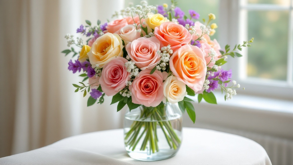 Bunter Blumenstrauss mit Rosen, Ranunkeln und Lisianthus in Glasvase – so bleibt er länger frisch