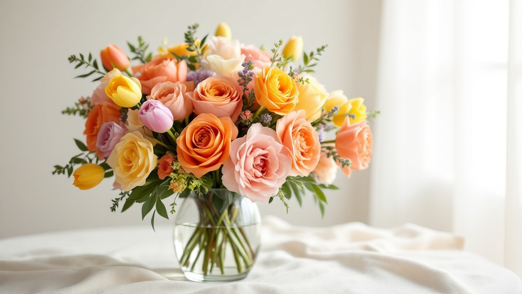 Bunter Blumenstrauß mit Rosen, Tulpen und Ranunkeln in Koralle, Gelb und Lavendel in Glasvase auf Leinentuch