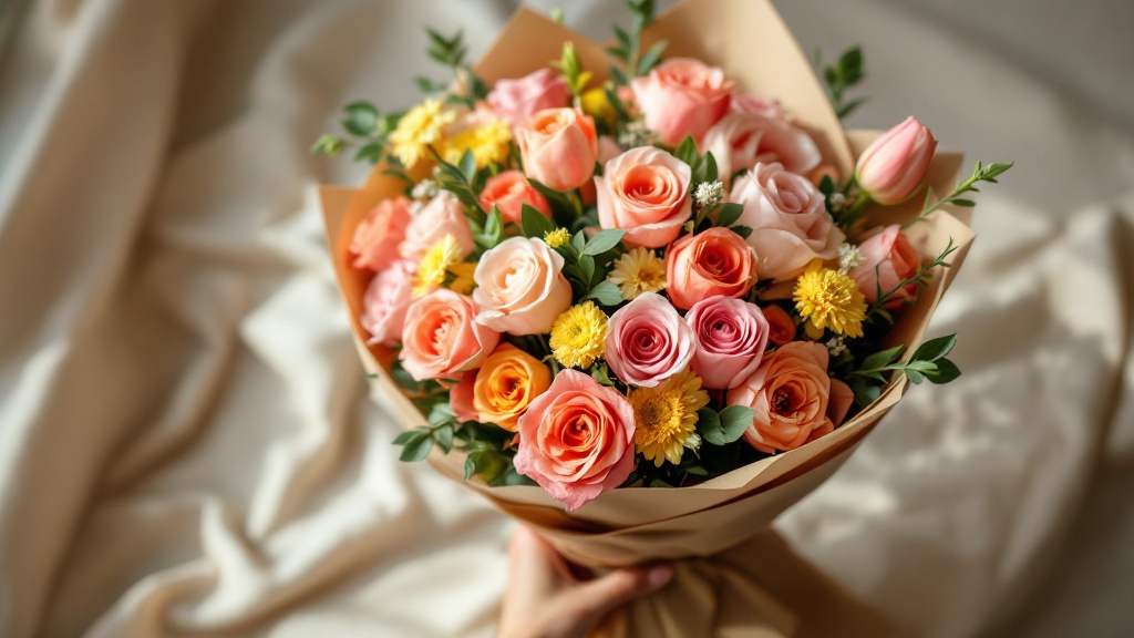 Bunter Geburtstagsstrauß mit Rosen, Ranunkeln und Tulpen in Kraftpapier – geburtstag vergessen blumen schnell verschenken