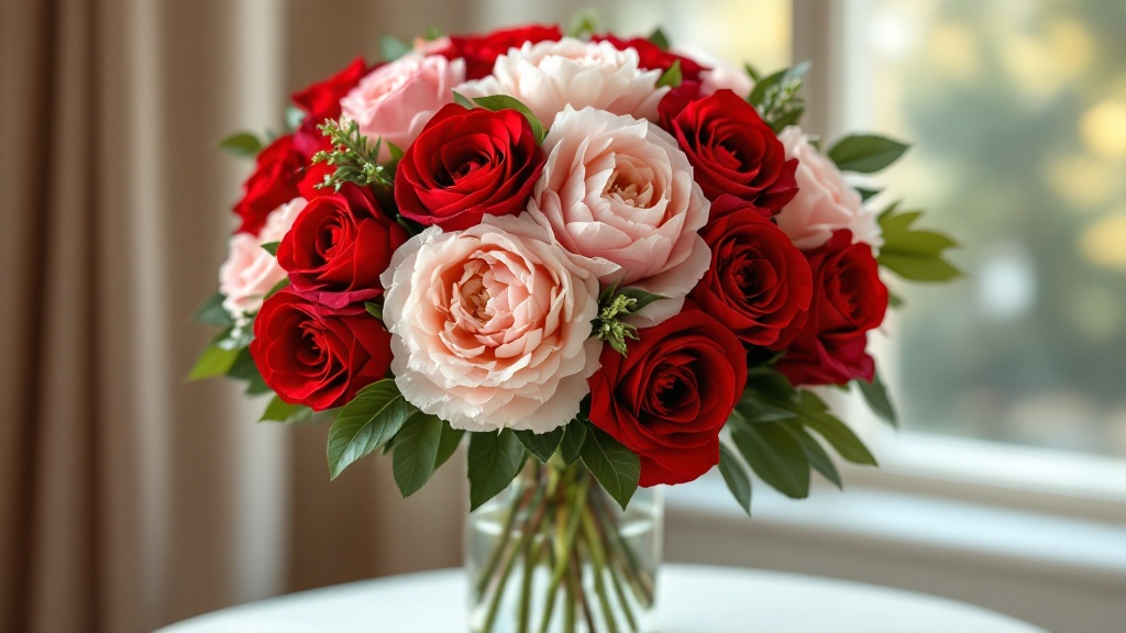 Üppiger Geburtstagsstrauß mit roten Rosen, rosa Pfingstrosen und weißen Ranunkeln in Glasvase – Blumen zum runden Geburtstag