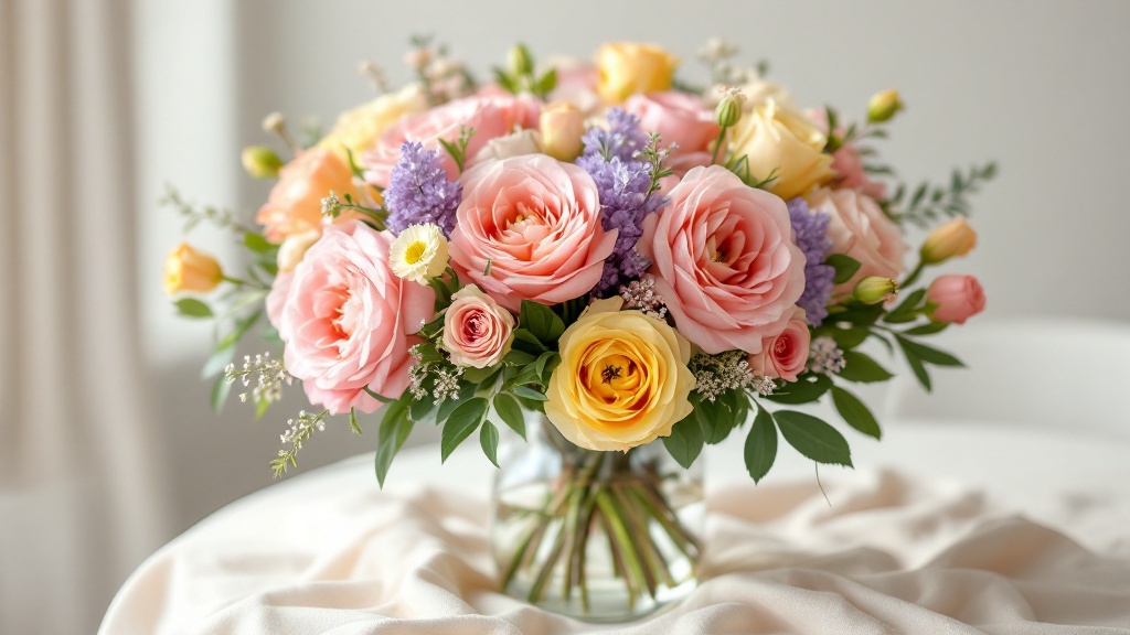 Bunter Geburtstagsstrauß mit rosa Rosen, gelbem Ranunkel und Lisianthus in Glasvase – Geburtstagsgrüße mit Blumen