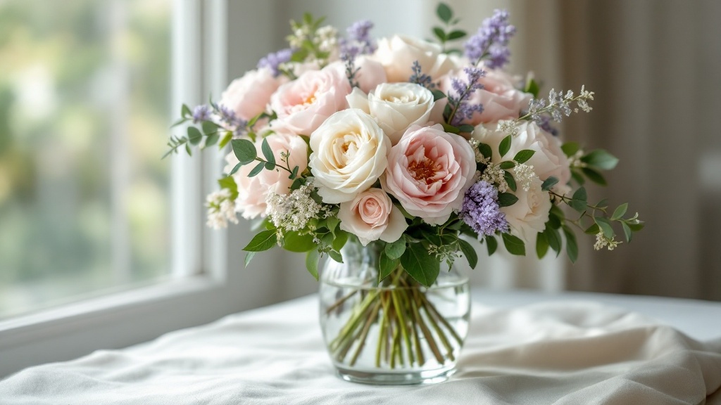 Gemischter Blumenstrauß mit Pfingstrosen, Rosen und Eukalyptus in Glasvase – gemischte Blumensträuße pflegen leicht gemacht