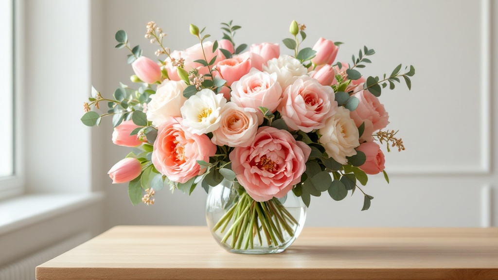 Gemischter Blumenstrauß mit Rosen, Tulpen, Pfingstrosen und Eukalyptus in Glasvase auf Holztisch – perfekt für jeden Anlass