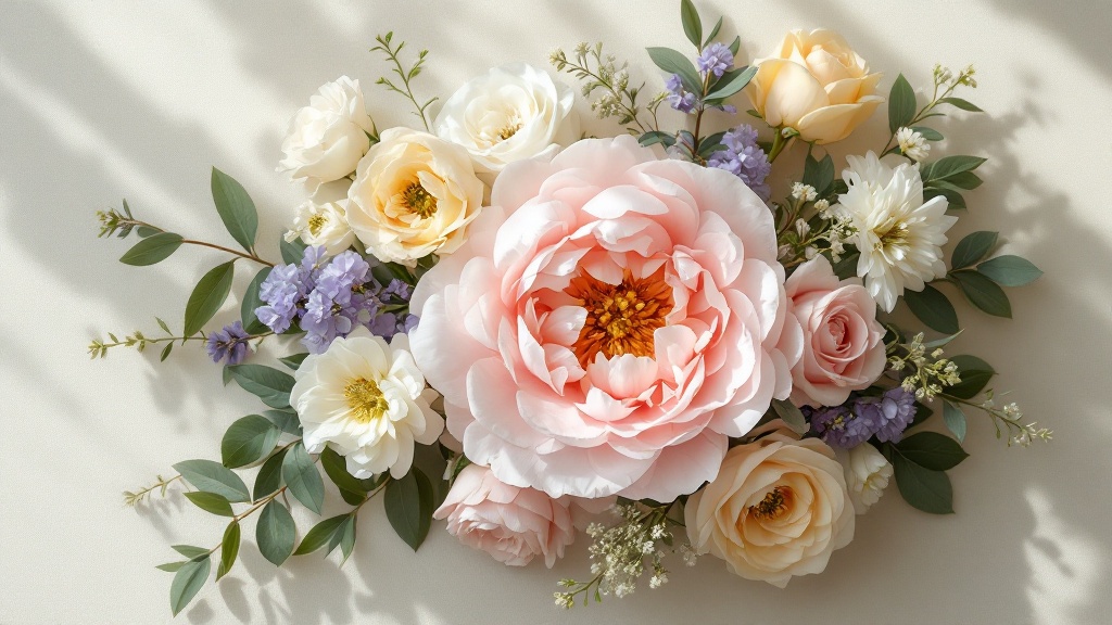 Gemischter Blumenstrauß mit Pfingstrosen, Freesien und Ranunkeln als Flat-lay auf cremefarbenem Leinenstoff