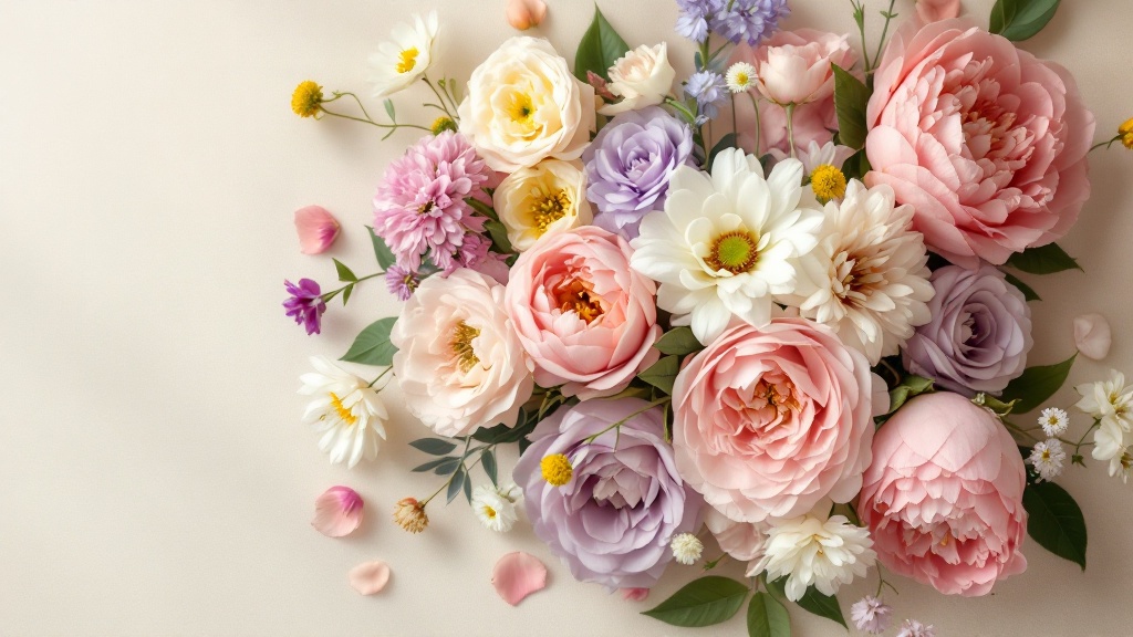 Gemischter Blumenstrauß mit rosa Pfingstrosen, Lavendelrosen und weißem Hahnenfuß – Symbolik und Bedeutung auf einen Blick