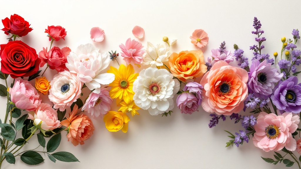 Blumenfarben Bedeutung: Farbspektrum aus roten Rosen, rosa Pfingstrosen, weißen Ranunkeln und lila Anemonen als Flat-Lay