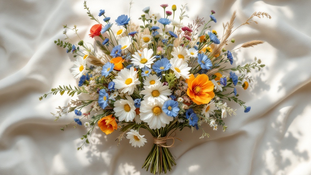 Wildblumenstrauss mit Kornblumen, Kamille, Mohn und Gräsern als Flat-lay – natürlicher Blumenstrauß für jeden Anlass