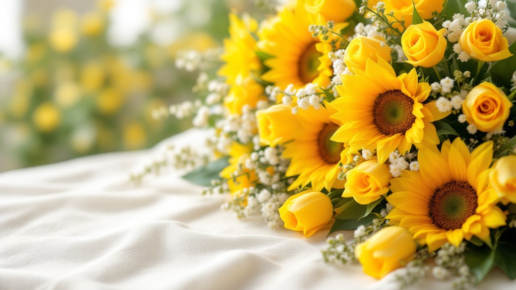Gelber Blumenstrauss mit Sonnenblumen, gelben Rosen und Tulpen auf cremefarbenem Leinenstoff im natürlichen Licht