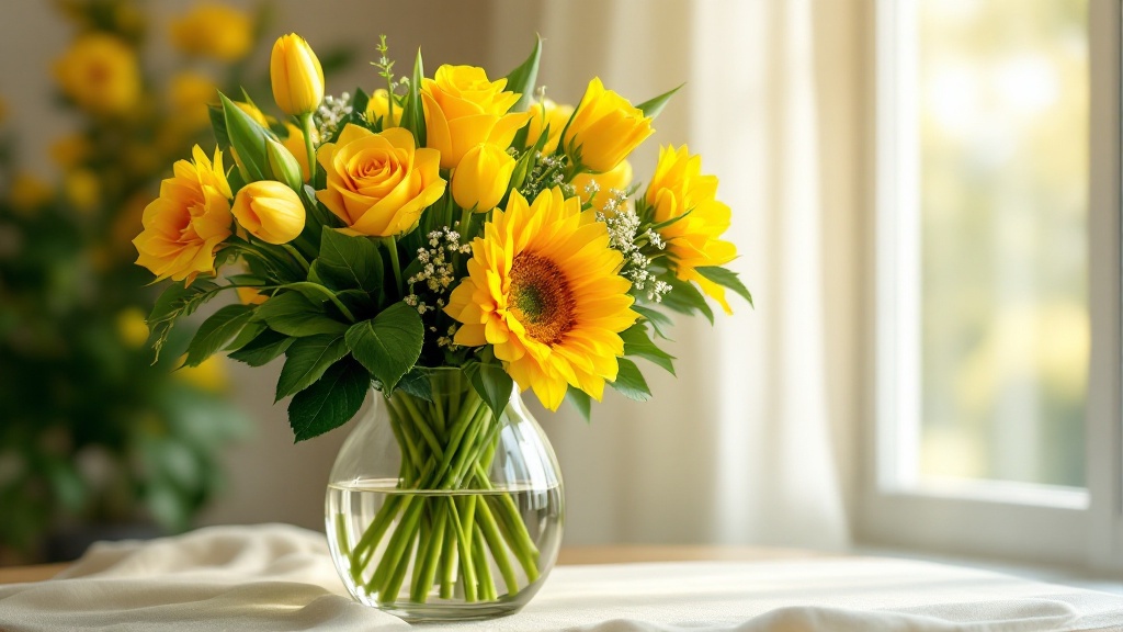 Gelber Blumenstrauss mit Rosen, Tulpen und Sonnenblumen in Glasvase auf cremefarbenem Leinentuch im Sonnenlicht