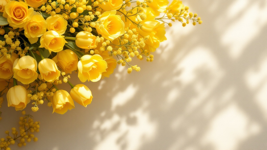 Gelber Blumenstrauss mit Rosen, Tulpen und Mimosen auf cremefarbenem Leinentuch im weichen Tageslicht