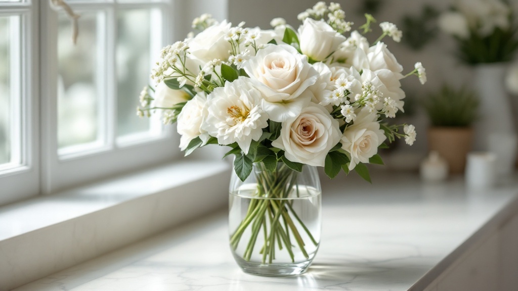 Weisser Blumenstrauss mit Rosen, Ranunkeln und Lisianthus in Glasvase auf Marmor – frisch gepflegt im Sonnenlicht
