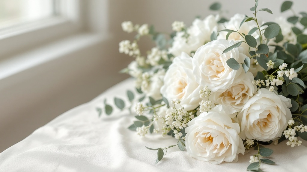 Weißer Blumenstrauß mit Rosen, Pfingstrosen und Ranunkeln auf cremefarbenem Leinenstoff – perfekt für jeden Anlass