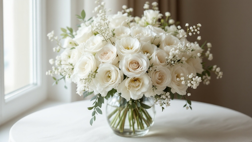Weißer Blumenstrauß mit Rosen, Ranunkeln und Lisianthus in Glasvase auf cremefarbenem Leinentuch