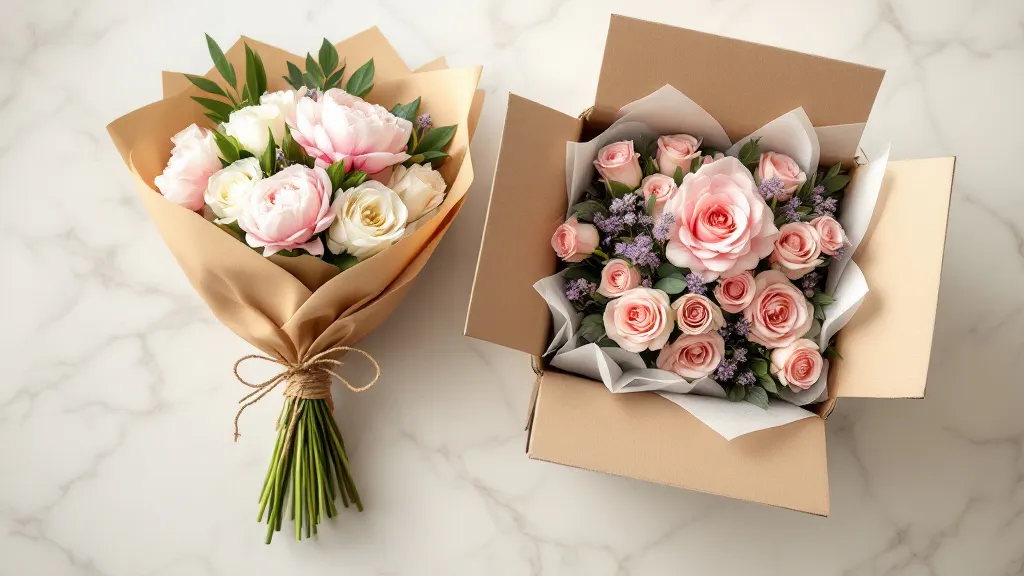 Blumen online bestellen im Vergleich: Lieferbox mit Rosen neben einem Blumenstrauß vom lokalen Floristen