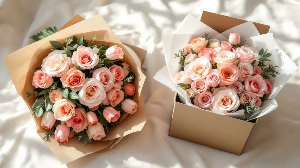 Blumen online bestellen im Vergleich: Straußlieferung im Karton neben einem lokal gekauften Rosenstrauß in Packpapier