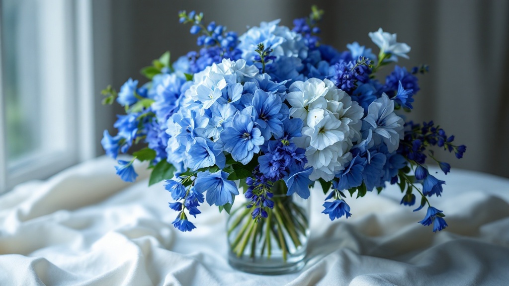 Blauer Blumenstrauss mit Rittersporn, Hortensien und Agapanthus in Glasvase – Bedeutung: Sehnsucht und Treue