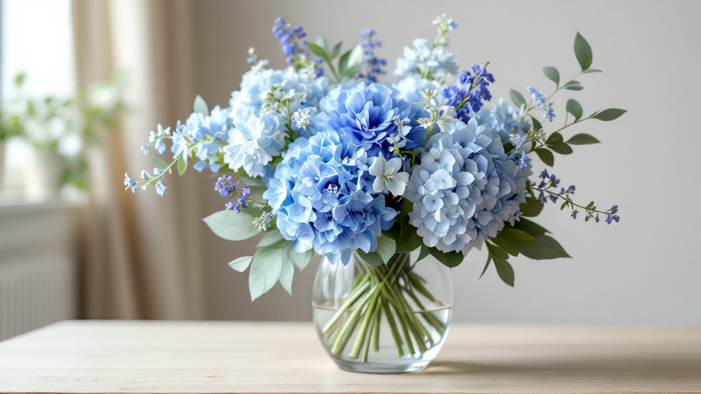 Blauer Blumenstrauss mit Rittersporn, Hortensien und Nigella in Glasvase auf hellem Holztisch — stimmungsvolle Blumendeko