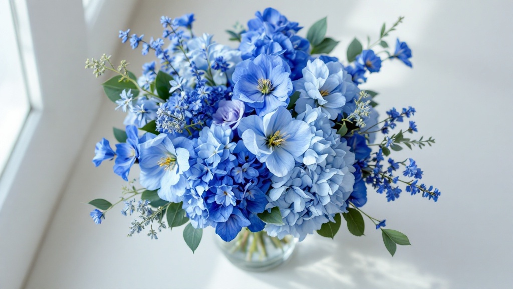 Blauer Blumenstrauss mit Rittersporn, Hortensien und Nigella in Glasvase — blaue Blumen online bestellen leicht gemacht