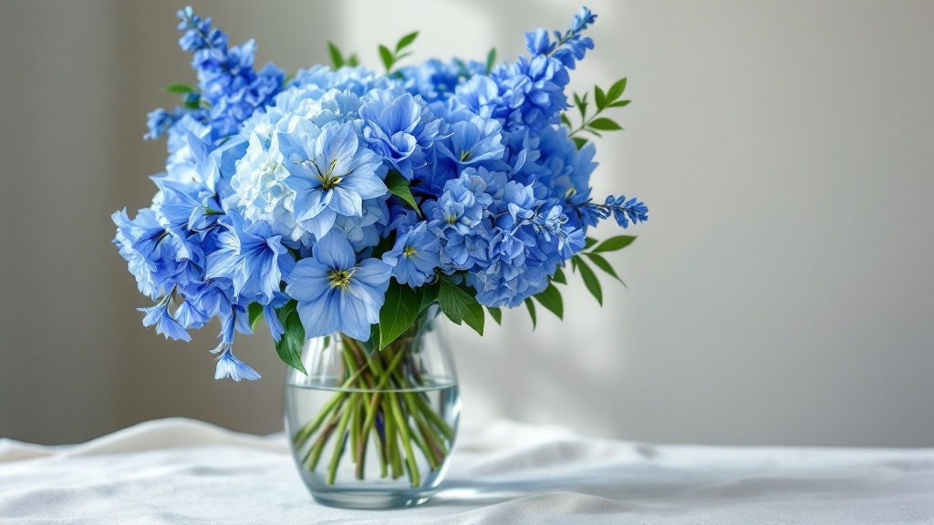 Blauer Blumenstrauss mit Rittersporn, Hortensien und Agapanthus in Glasvase – frisch und leuchtend gepflegt