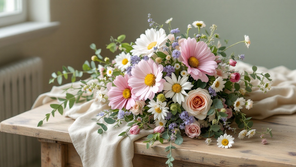 Pflückstrauß aus Kosmos, Wicken, Margeriten und Ranunkeln auf hellem Leinenuntergrund — natürliche Blumensprache