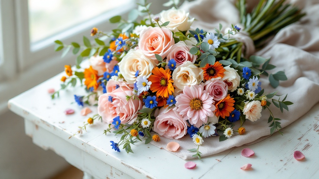 Locker gebundener Pflückstrauß mit Rosen, Kornblumen, Cosmea und Ringelblumen auf weißem Holztisch