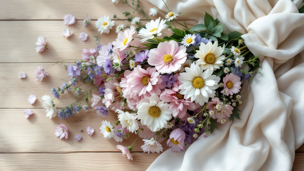 Locker gebundener Pflückstrauß mit Kornblumen, Ranunkeln und Kamille auf hellem Holztisch im Flat-lay