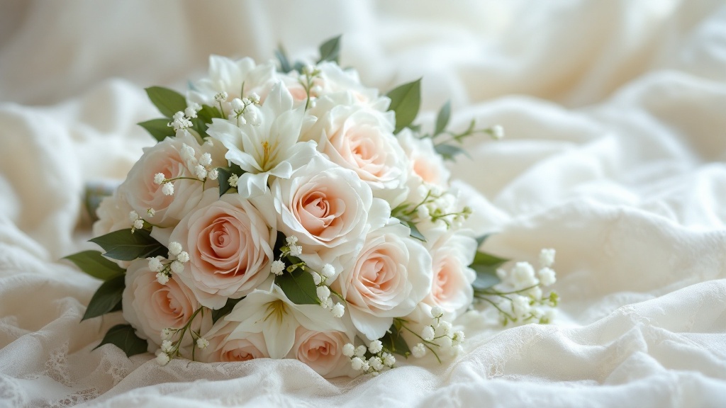 Brautstrauss mit weißen Rosen, Pfingstrosen und Maiglöckchen auf cremefarbenem Spitzenstoff — Brautstrauss pflegen leicht gemacht