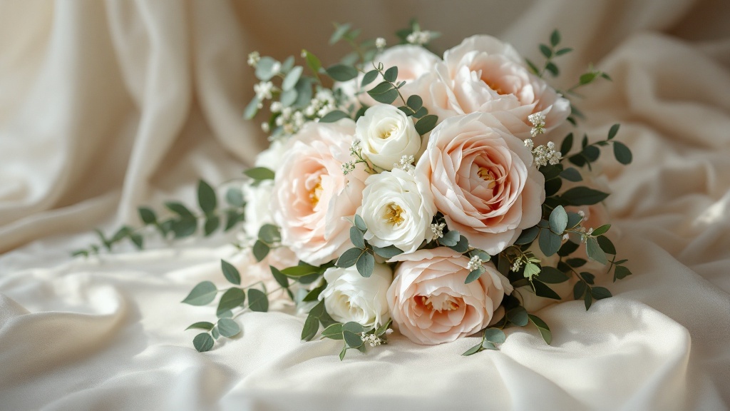 Brautstrauss mit Rosen, Pfingstrosen und Eukalyptus auf cremefarbenem Seidenstoff – Brautstrauss Bedeutung in Farbe und Form