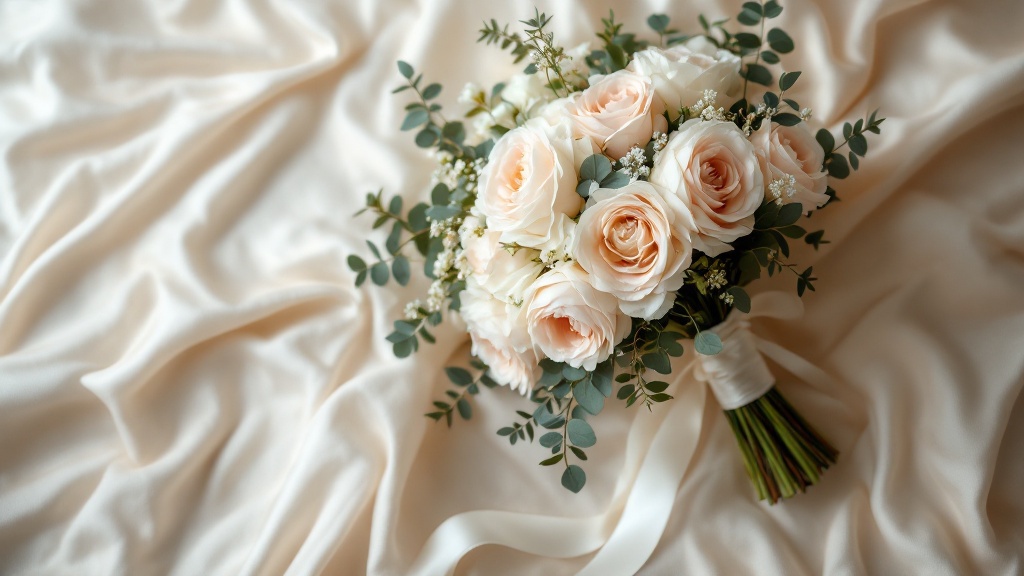 Brautstrauss mit weißen Rosen, Pfingstrosen und Eukalyptus auf cremefarbenem Seidenstoff – Brautstrauss bestellen Tipps