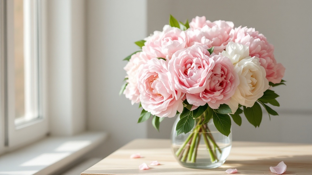 Rosa Pfingstrosen und weiße Ranunkeln in einer Glasvase auf Holztisch — Blumen mit Vase bestellen als Geschenkidee