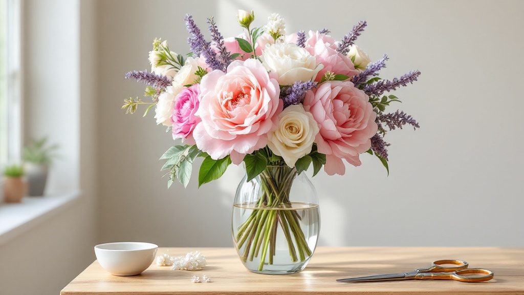 Frische Pfingstrosen und weiße Rosen in einer Glasvase auf Holztisch – Blumen mit Vase pflegen leicht gemacht