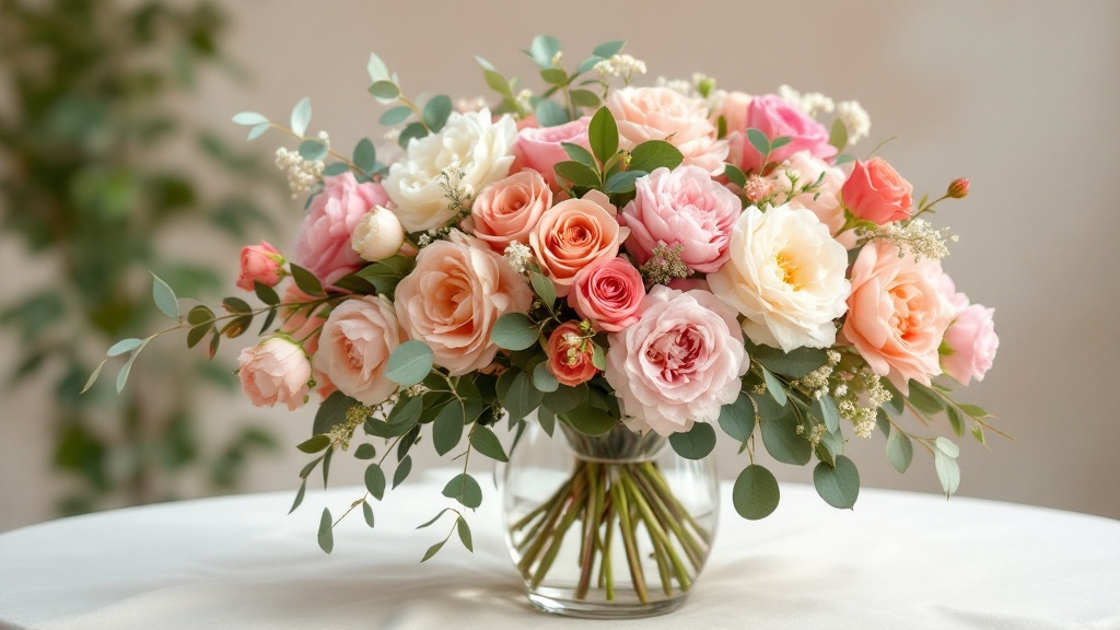 Großer Blumenstrauß mit Rosen, Pfingstrosen und Ranunkeln in Glasvase – festlich für jeden Anlass