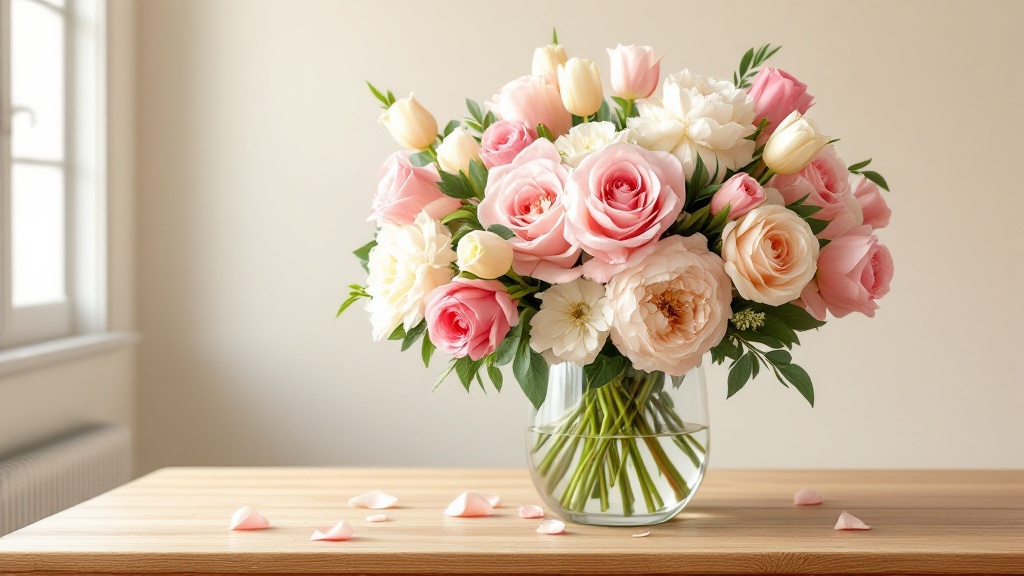 Großer Blumenstrauß mit Rosen, Tulpen und Pfingstrosen in einer Glasvase auf Holztisch – frisch gepflegt und langlebig