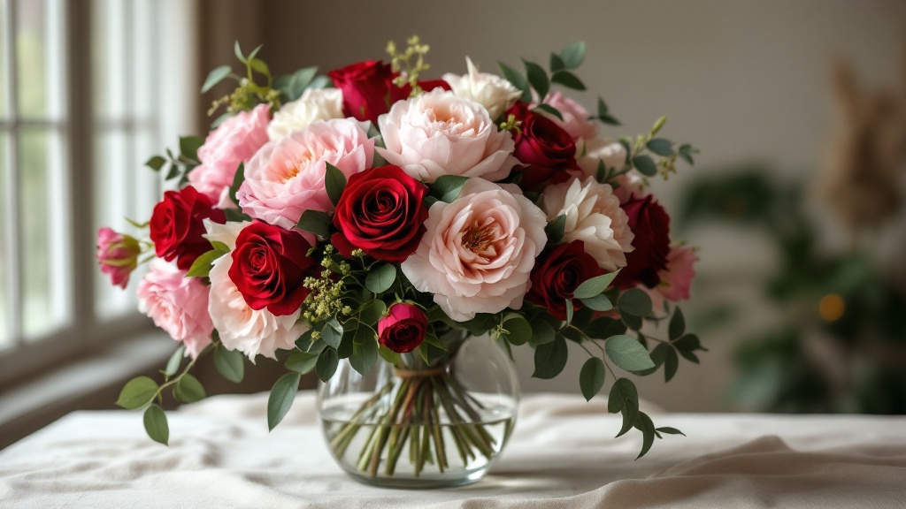Großer Blumenstrauß mit roten Rosen, rosa Pfingstrosen und weißem Lisianthus in Glasvase auf cremefarbenem Leinentuch