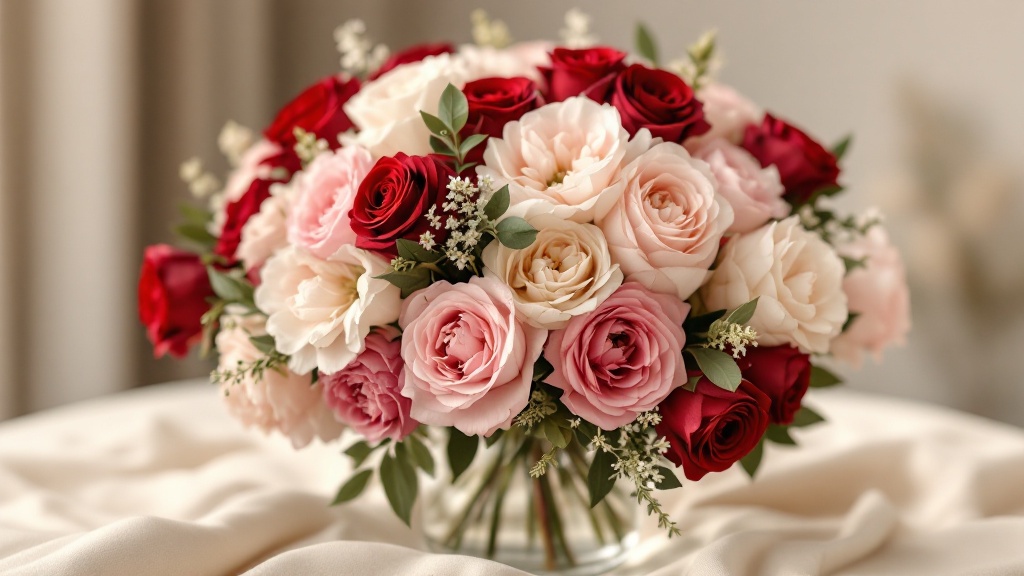 Großer Blumenstrauß mit roten Rosen, rosa Pfingstrosen und weißen Ranunkeln in Glasvase – Bedeutung und Symbolik
