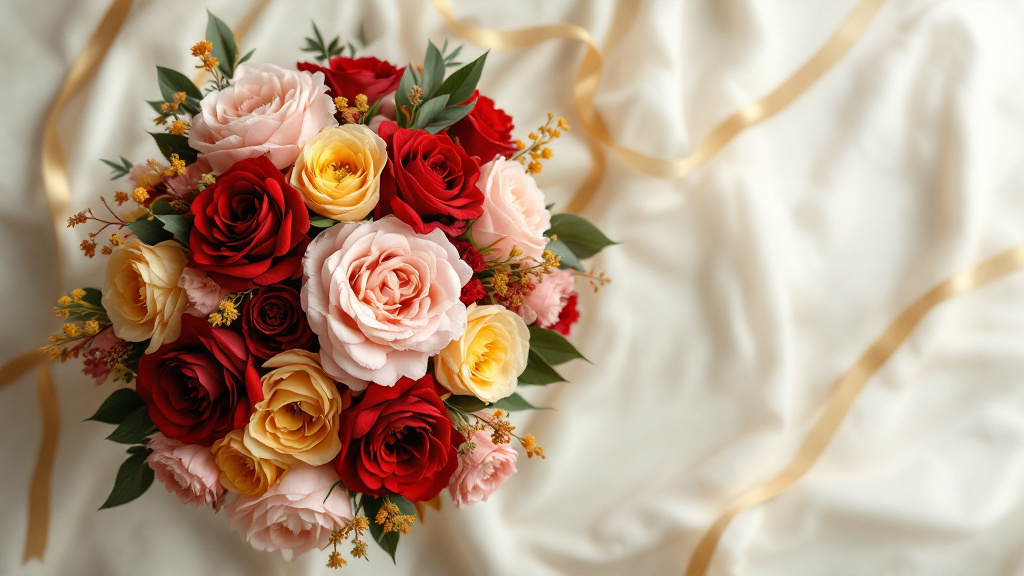 Üppiger Geburtstagsstrauß mit roten Rosen, rosafarbenen Pfingstrosen und goldenen Ranunkeln – Blumen zum 40. Geburtstag