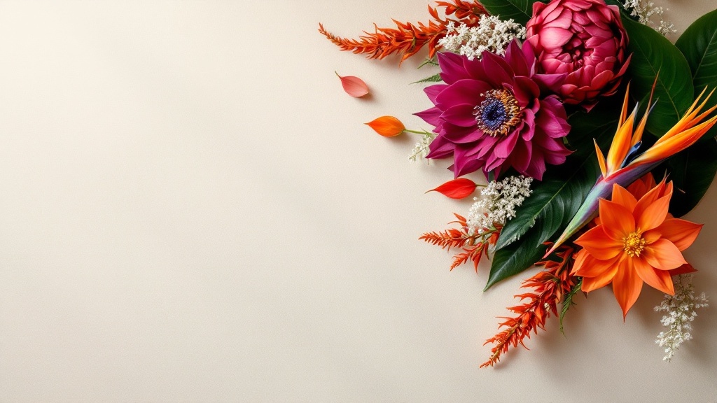 Exotische Blumen für jeden Anlass: Strelitzie, Protea und Anthurium als farbenfrohe Flat-lay-Komposition