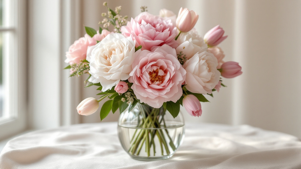 Klare Glasvase mit rosa Pfingstrosen, weißen Rosen und lila Tulpen im weichen Fensterlicht – Blumen mit Vase Bedeutung