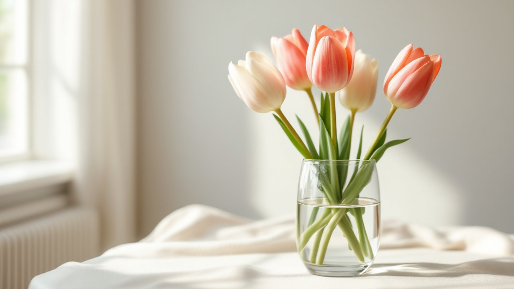 Frische Tulpen in Koralle und Cremeweiß in einer Glasvase am Fenster – Tipps zur Tulpen Haltbarkeit